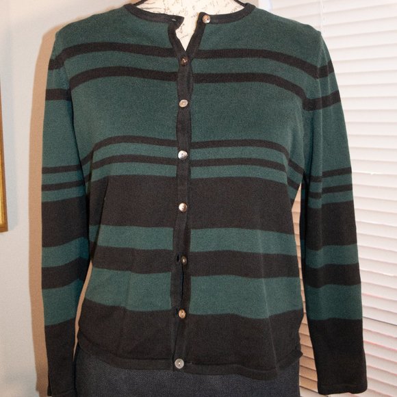 Vintage Liz Baker Striped Green and Black Button Up Petite Medium Cardigan - Picture 1 of 3